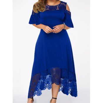 

Plus Size Dress Hollow Out Printed Lace Panel Cold Shoulder Asymmetrical Hem Maxi Dress, Blue