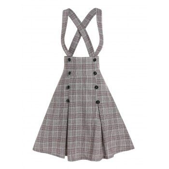 

Plaid Print Suspender Skirt Cross Back Mock Button Flare Skirt, Coffee