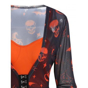 Halloween Pumpkin Bat Cat Moon Print Bell Sleeve See Thru Asymmetric Dress And Bold Color Cami Dress Two Piece Set