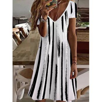 

Contrast Stripe Print Tee Dress Short Sleeve V Neck Mini Tunic Dress, White