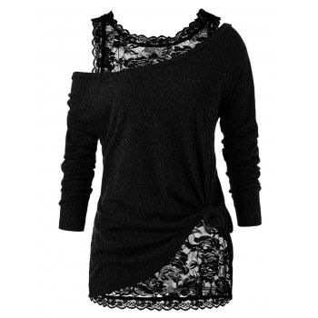 

Two Piece Top Sheer Floral Lace Tank Top And Solid Color Knit Textured Long Sleeve T Shirt Skew Neck Casual Top, Black