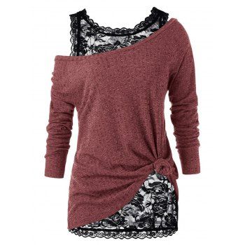 

Two Piece Top Sheer Floral Lace Tank Top And Solid Color Knit Textured Long Sleeve T Shirt Skew Neck Casual Top, Red