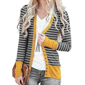 

Contrast Colorblock Top Striped Print Snap Button Long Sleeve Top, Light gray