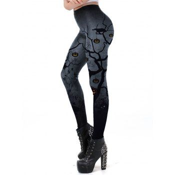 

Halloween Leggings Tree Branches Pumpkin Face Print Skinny Leggings, Black