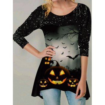 

Halloween Pumpkin Bat Moon Polka Dots Print T-shirt Long Sleeve Asymmetric Tee, Multicolor a