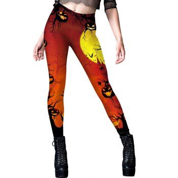 

Halloween Pumpkin Bat Branches Spider Web Moon Night Print Skinny Leggings, Multicolor a