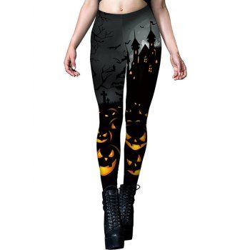 

Halloween Pumpkin Castle Moon Night 3D Print Skinny Leggings, Multicolor a