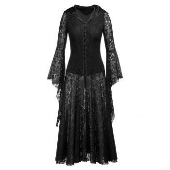 

Gothic Hooded Top See Thru Lace Top Solid Color Long Sleeve Lace Up Button Up Longline Top, Black