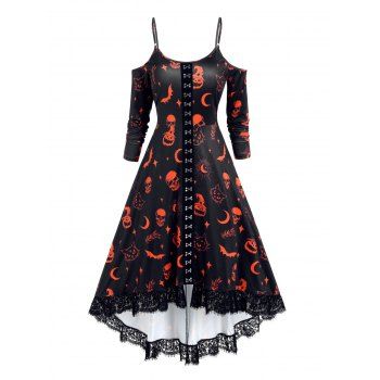 

Pumpkin Skull Cat Moon Bat Print Halloween Dress Cold Shoulder High Low Dress Lace Trim Hasp Button Long Sleeve Dress, Black