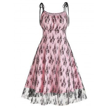 

Colorblock Dress Flower Lace Overlay Tied Shoulder High Waisted A Line Midi Dress, Light pink