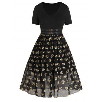 

Plus Size Dress Halloween Dress Glitter Pumpkin Print Mesh Overlay Buckle A Line Midi Dress, Black