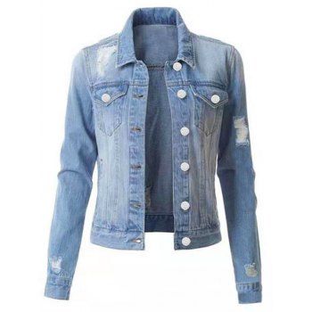 

Ripped Denim Jacket Light Wash Front Pocket Long Sleeve Button Up Jean Jacket, Light blue