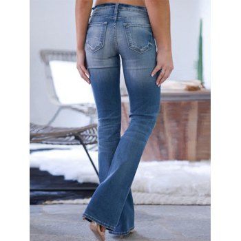 Low Rise Jeans Destroyed Flare Jeans Light Wash Zipper Fly Pockets Long Denim Pants