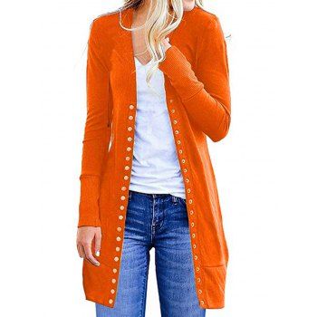 

Textured Top Solid Color Snap Button Long Sleeve Casual Long Top, Orange
