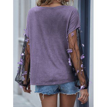 Textured Knit Top See Thru Mesh Panel Butterfly Embellishment Long Sleeve Knitwear