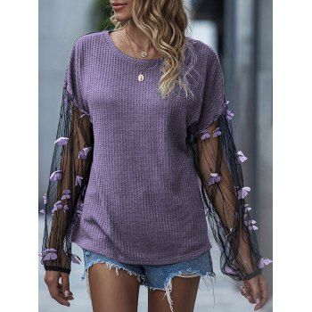 

Textured Knit Top See Thru Mesh Panel Butterfly Embellishment Long Sleeve Knitwear, Light purple