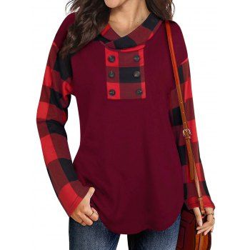 

Plaid Print Panel Hoodie Mock Button Long Sleeve Sweatshirt With Hood, Deep red