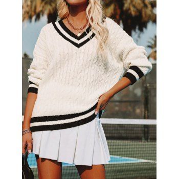 

Twisted Cable Knit Drop Shoulder Sweater Contrast Stripe Graphic V Neck Sweater, White