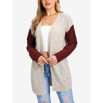 

Colorblock Cardigan Cable Knit Open Front Long Sleeve Casual Cardigan, Light coffee