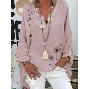 

Drop Shoulder High Low Blouse Butterfly Dandelion Print Notched Long Sleeve Blouse, Light pink