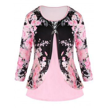 

Plus Size Faux Twinset T Shirt Flower Print Cottagecore Tee Mock Button Overlap Long Sleeve Twofer T-shirt, Light pink