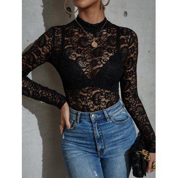 

See Thru Flower Paisley Lace Top Mock Neck Long Sleeve Sheer Top, Black