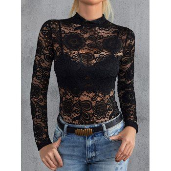 

See Thru Flower Lace Top Long Sleeve Mock Neck Sheer Top, Black