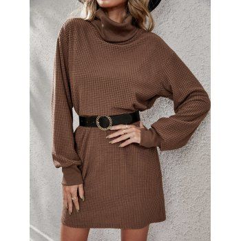 

Textured Solid Color Mini Dress Turtleneck Long Sleeve Straight Casual Dress, Coffee