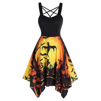

Halloween Pumpkin Ghost Bat Cross Print Asymmetric Dress Crisscross Backless Handkerchief Dress, Dark orange