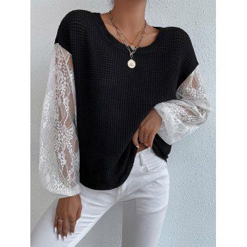 

Textured Knit Top See Thru Flower Lace Long Sleeve Colorblock Top, Black