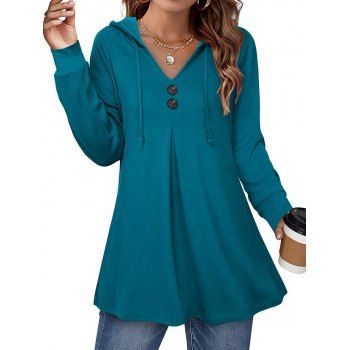 

Long Sleeve Hooded Top V Neck Drawstring Hood Mock Button Long Top, White