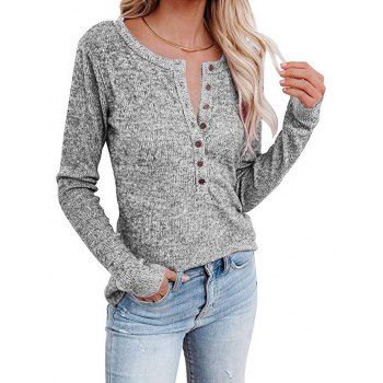 

Half Button Knit Top Long Sleeve Heathered Casual Knitted Top, Gray