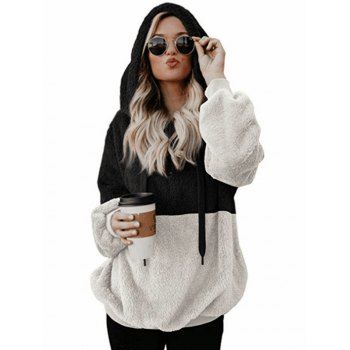 

Fuzzy Two Tone Hooded Coat A Quarter Zip Drawstring Hood Pullover Coat, Black