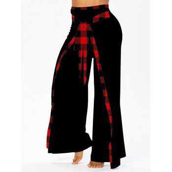 

Sport Pants Plaid Print Bowknot Elastic Waist Casual Wide Leg Pants, Black