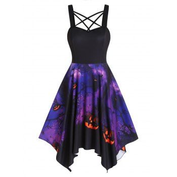 

Halloween Pumpkin Ghost Bat Cross Print Asymmetric Dress Crisscross Backless Handkerchief Dress, Purple