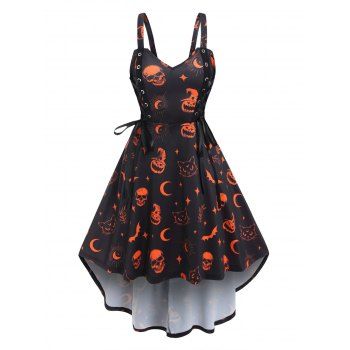 

Halloween Dress A Line Dress Bat Skull Pumpkin Print Lace Up Midi Gothic Dress, Black