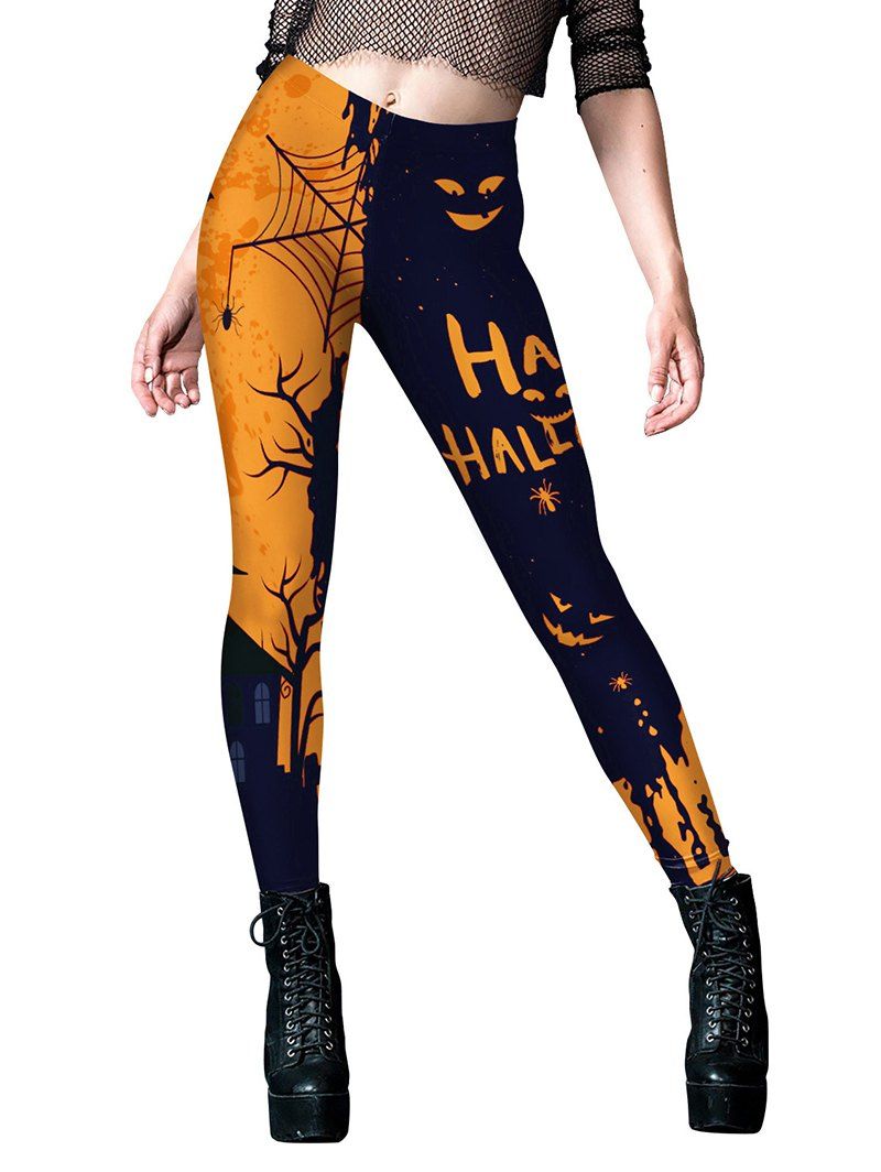 Legging D'Halloween Moulant Contrasté à Imprimé Lettre Toile D'Araignée - Orange Foncé L