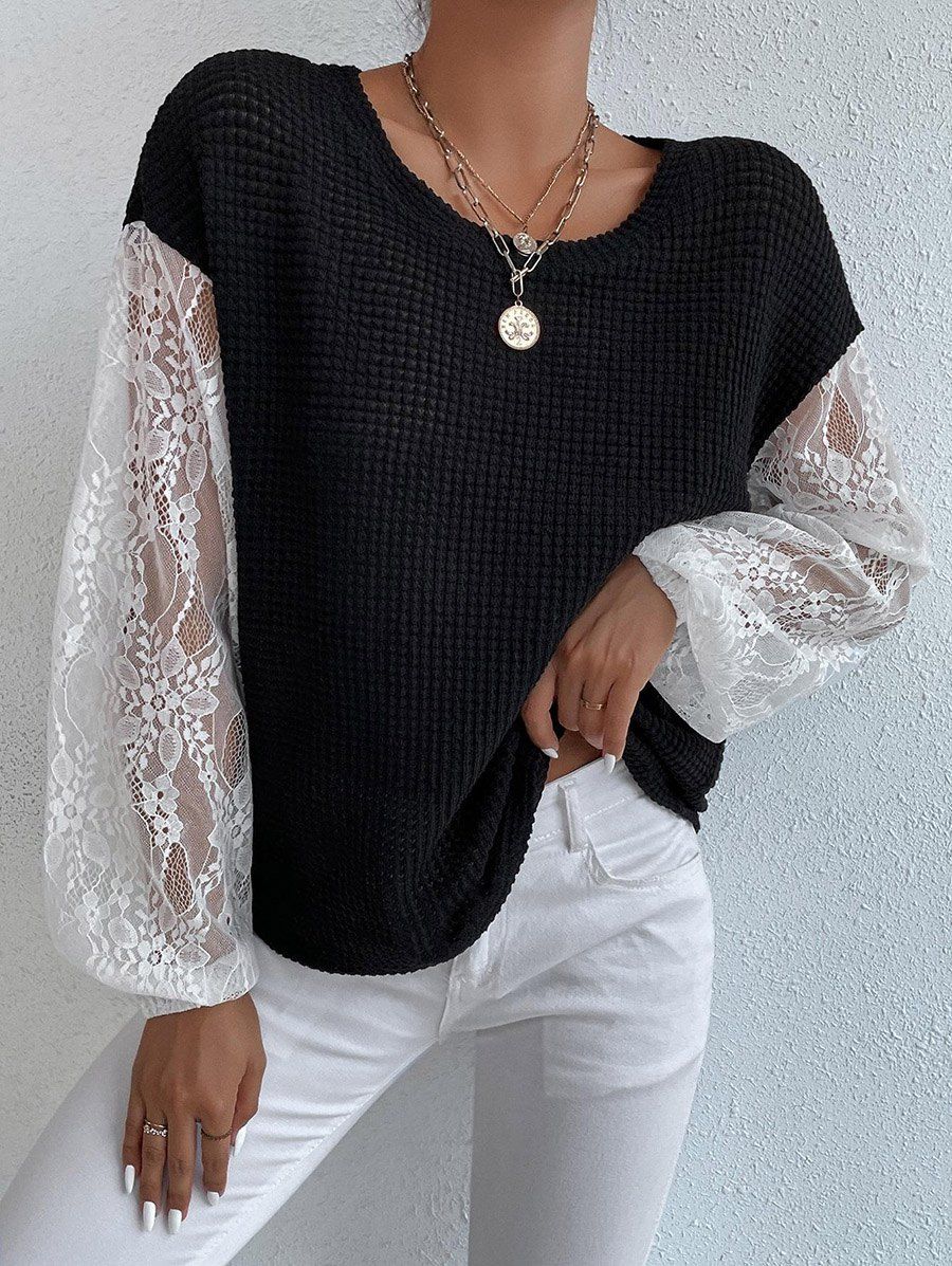 Textured Knit Top See Thru Flower Lace Long Sleeve Colorblock Top - BLACK L