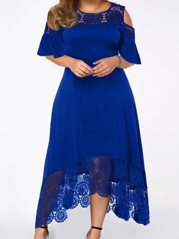 Plus Size Dress Hollow Out Printed Lace Panel Cold Shoulder Asymmetrical Hem Maxi Dress - BLUE XXXXXL