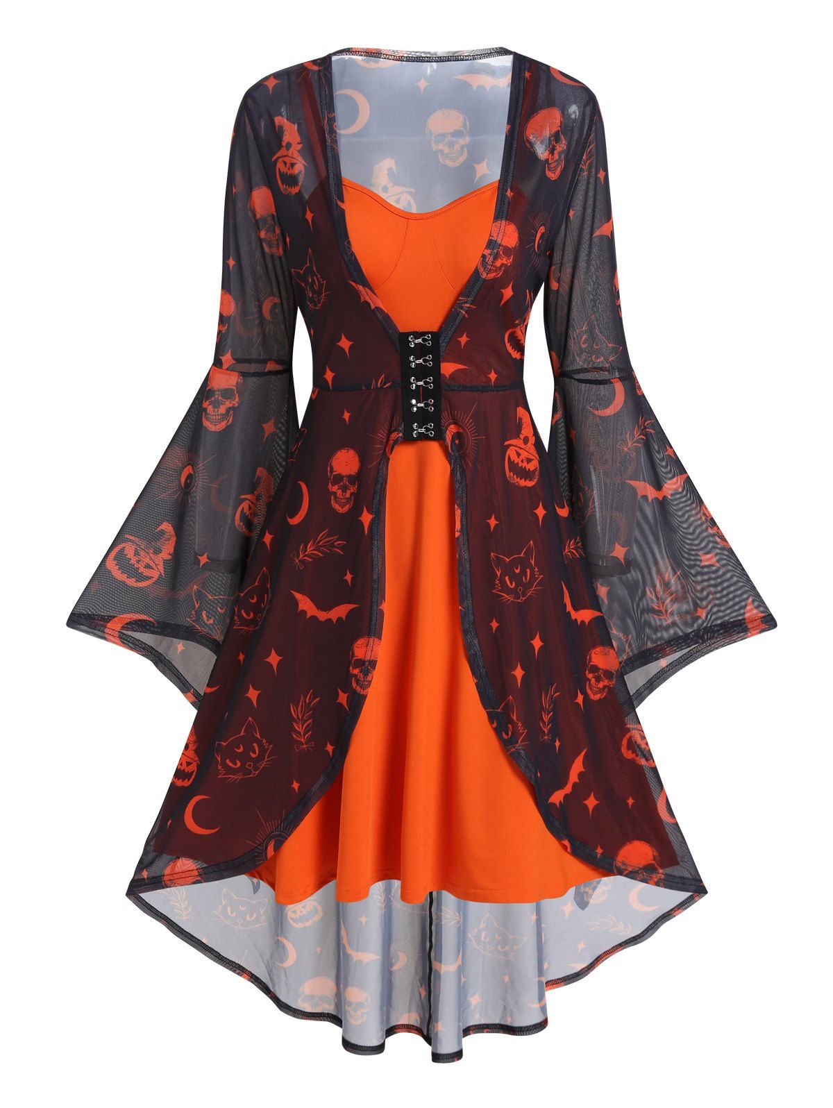 Halloween Pumpkin Bat Cat Moon Print Bell Sleeve See Thru Asymmetric Dress And Bold Color Cami Dress Two Piece Set - BLACK XXXL