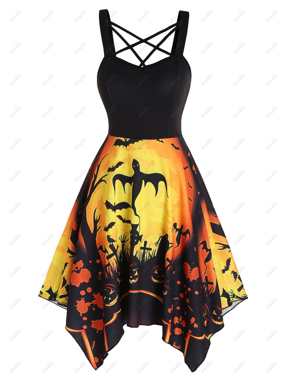 Halloween Pumpkin Ghost Bat Cross Print Asymmetric Dress Crisscross Backless Handkerchief Dress - DARK ORANGE S