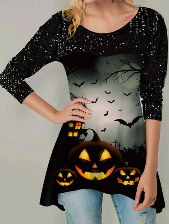 T-shirt D'Halloween Asymétrique Citrouille Lune et Pois à Manches Longues - multicolor A 2XL