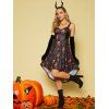 Robe D'Halloween Mi-Longue Gothique Linge A à Imprimé Citrouille Crâne et Chauve-souris à Lacets - Noir M