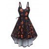 Halloween Dress A Line Dress Bat Skull Pumpkin Print Lace Up Midi Gothic Dress - BLACK M