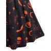 Halloween Dress A Line Dress Bat Skull Pumpkin Print Lace Up Midi Gothic Dress - BLACK M