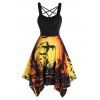 Halloween Pumpkin Ghost Bat Cross Print Asymmetric Dress Crisscross Backless Handkerchief Dress - PURPLE M