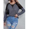 Sheer Flower Lace Panel Knit Top Drop Shoulder Topstitching Long Sleeve Knitted Top - DARK GRAY L