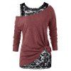 Two Piece Top Sheer Floral Lace Tank Top And Solid Color Knit Textured Long Sleeve T Shirt Skew Neck Casual Top