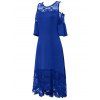 Plus Size Dress Hollow Out Printed Lace Panel Cold Shoulder Asymmetrical Hem Maxi Dress - BLUE XXXXXL