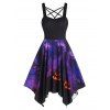 Halloween Pumpkin Ghost Bat Cross Print Asymmetric Dress Crisscross Backless Handkerchief Dress - PURPLE XXL